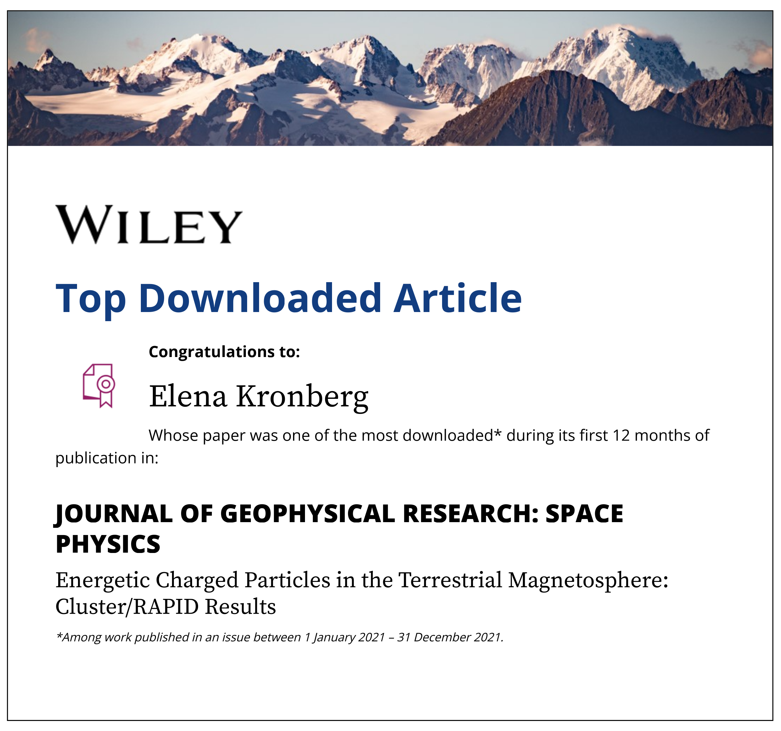 Wiley recognition graphic for a highly downloaded JGR Space Physics paper